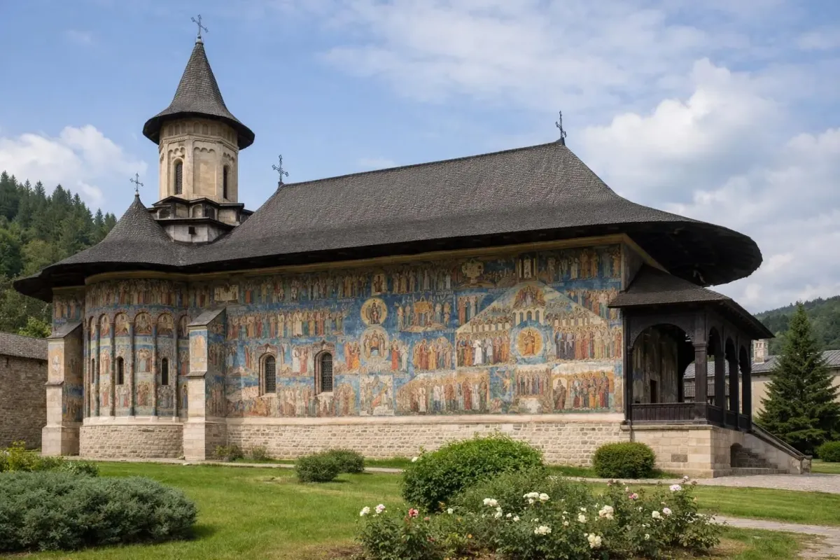 Église orthodoxe roumaine avec fresques murales colorées et ornementations typiques