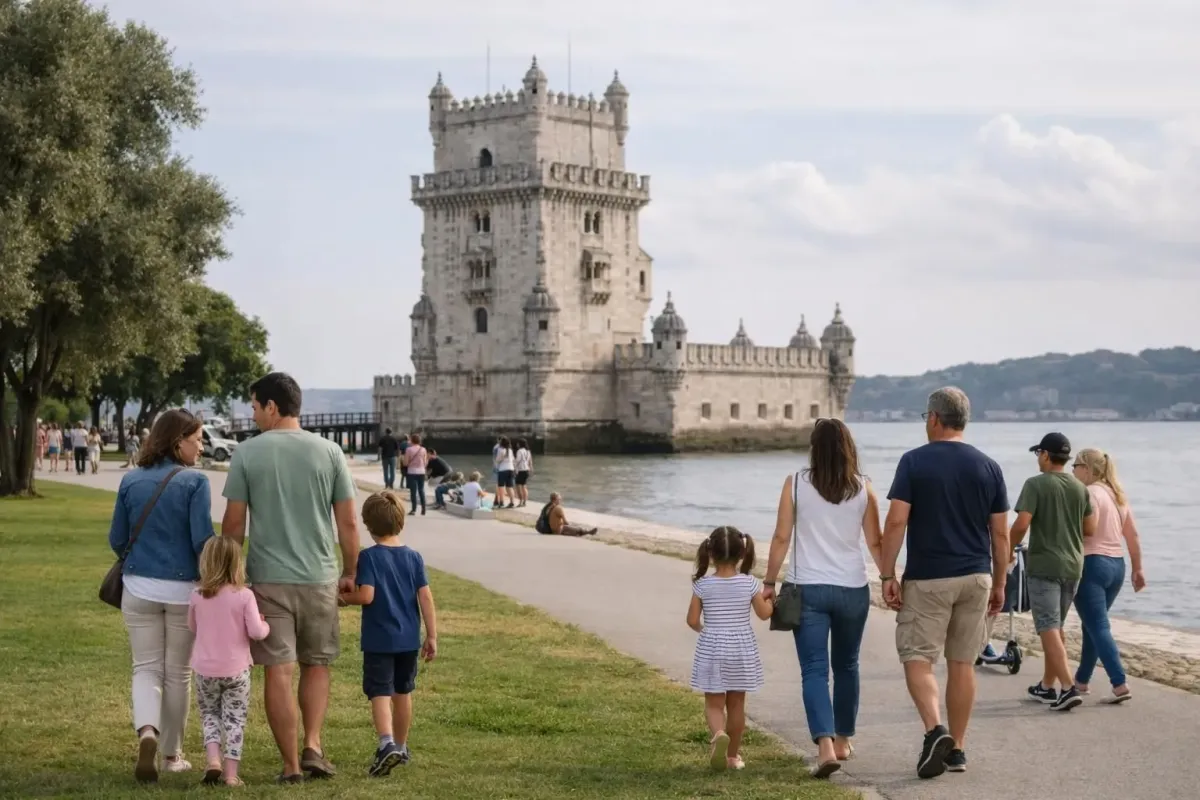 Vue panoramique de la Tour de Belém au bord du Tage avec des familles se promenant sur les quais verdoyants, architecture manuéline emblématique et espaces ouverts sous un ciel lumineux