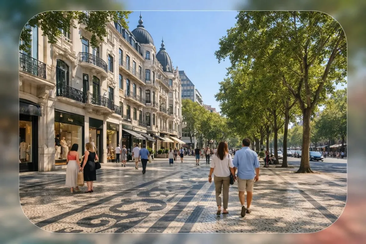 Avenue élégante bordée d'arbres à Lisbonne avec boutiques de luxe, pavages en mosaïque et bâtiments Art Nouveau