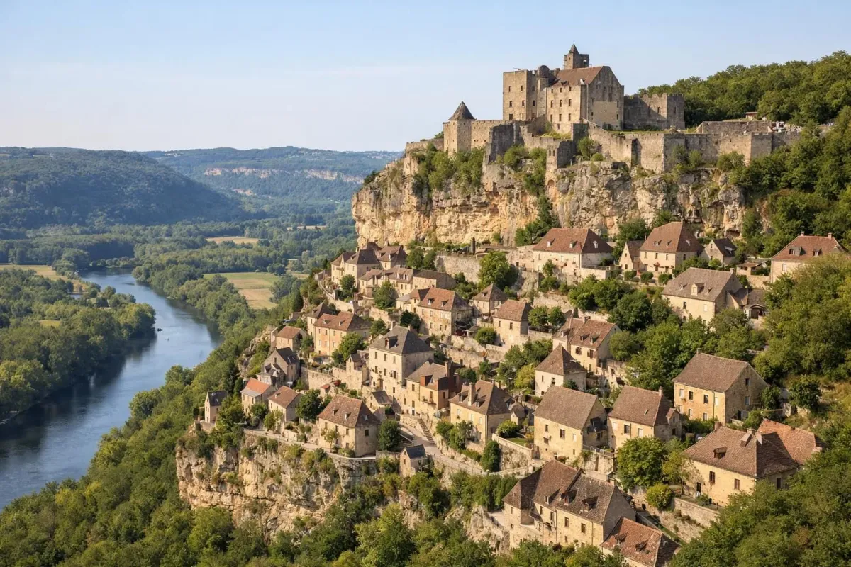Village médiéval de Sarlat perché sur la falaise surplombant la vallée de la Dordogne, maisons en pierre traditionnelles cascadant sur la colline, lumière dorée de fin d'après-midi
