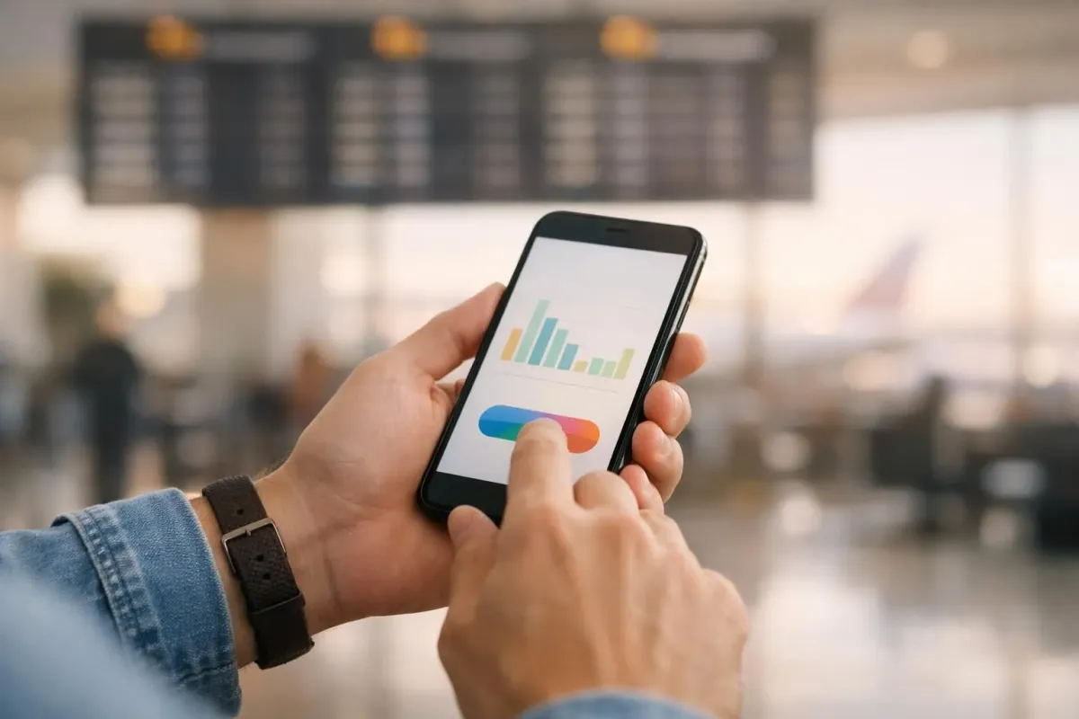 Application Hopper affichant un graphique de prédiction des prix de vols sur smartphone, tenu par un voyageur à l'aéroport avec les tableaux de départ en arrière-plan