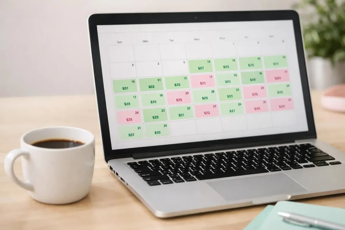 Écran d'ordinateur affichant le calendrier flexible de Skyscanner avec dates mises en évidence et prix de vols Paris vers l'Europe, tasse de café sur le bureau