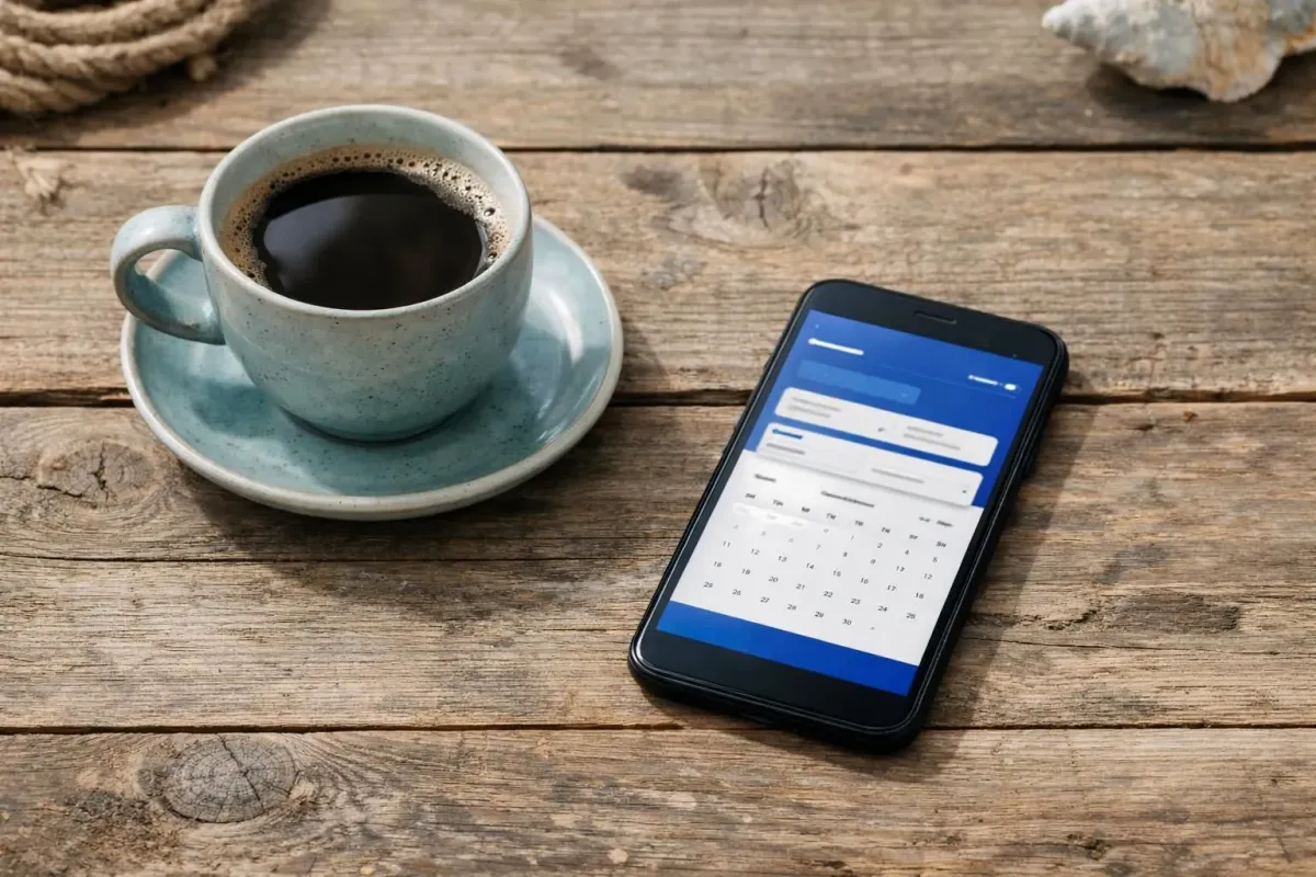 Smartphone affichant le site Ryanair avec une bannière de soldes en jaune et l'interface de recherche de vols, posé sur un bureau en bois avec une tasse de café