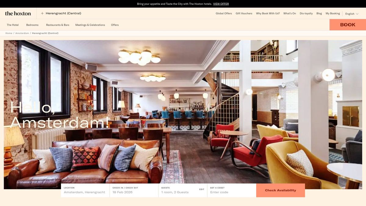 Interface du site The Hoxton pour réserver un hôtel de charme à Amsterdam