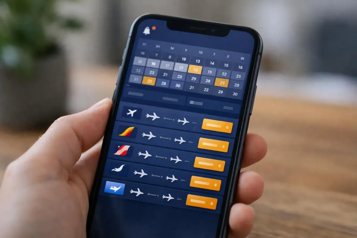 Interface de comparaison de vols pour Bruxelles affichant les alertes prix et calendrier avec plusieurs options de compagnies aériennes sur smartphone