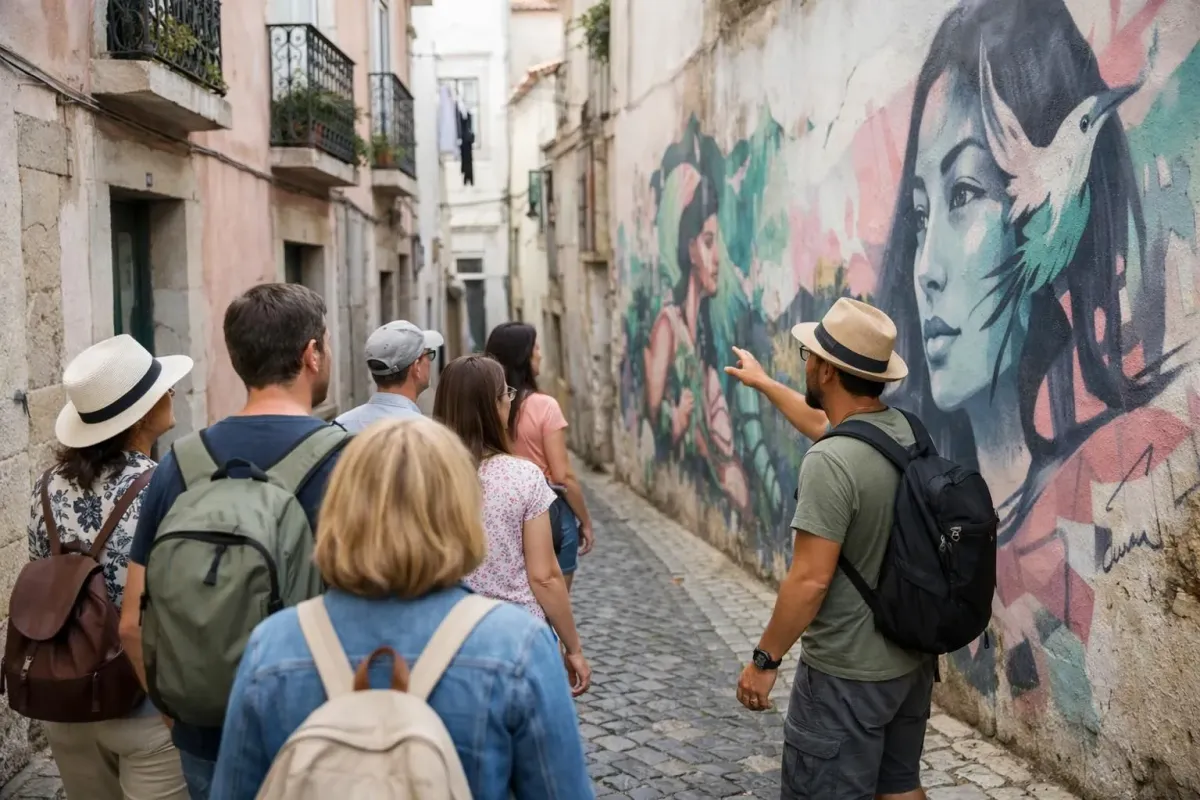 Guide local montrant des murales d'art de rue cachées dans le quartier de Mouraria à Lisbonne à un petit groupe de voyageurs dans une ruelle pavée, exploration de quartier authentique, expérience de visite personnalisée.