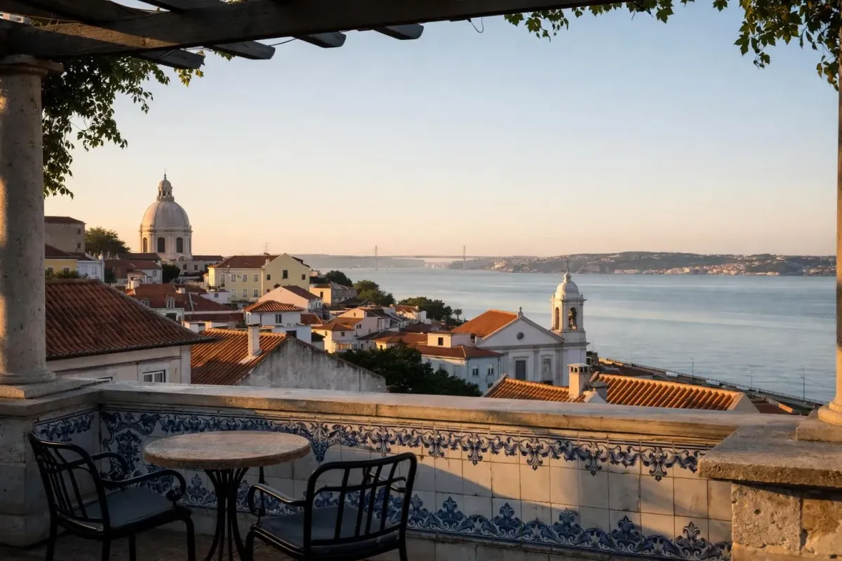 Vue matinale depuis un miradouro de Lisbonne avec terrasse pavée vide, lumière dorée du lever de soleil sur les toits de tuiles et le Tage, atmosphère paisible sans foule.