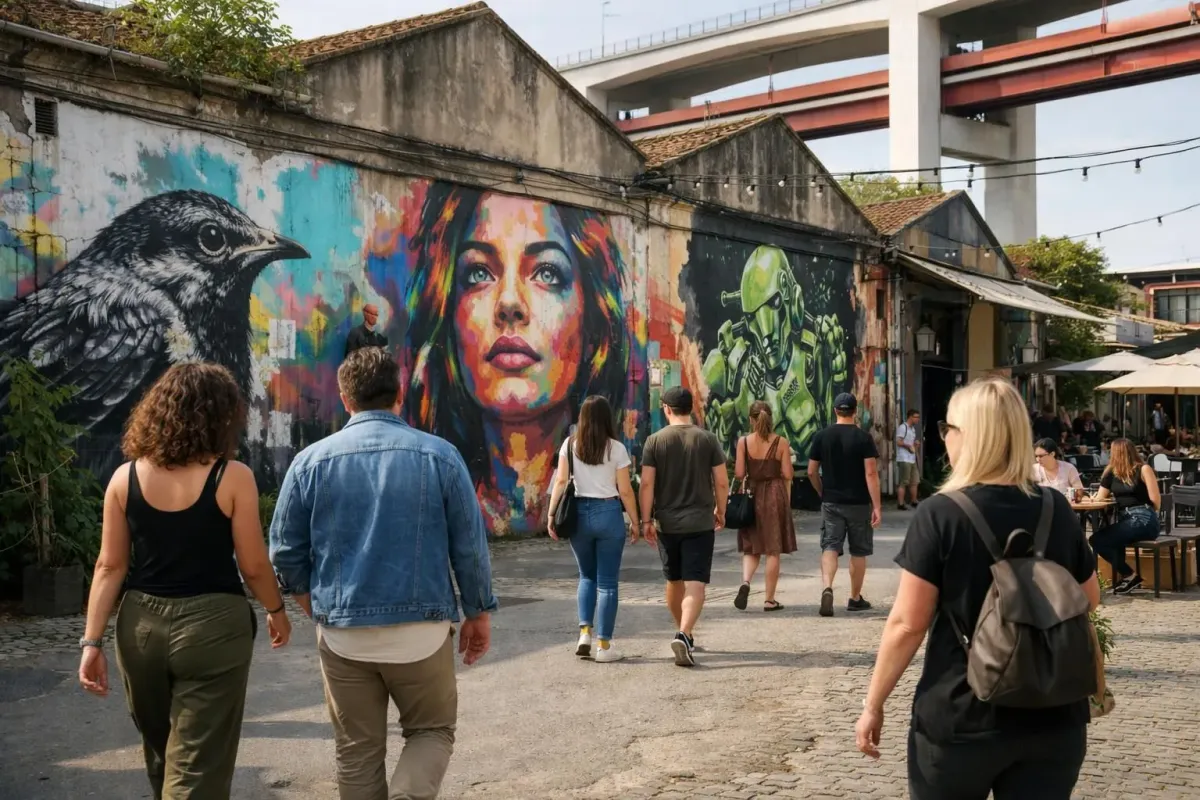 Des murales colorées recouvrant les murs d'un entrepôt industriel dans le LX Factory de Lisbonne, avec des visiteurs déambulant dans un espace urbain créatif empli de graffitis et d'une atmosphère de culture alternative.