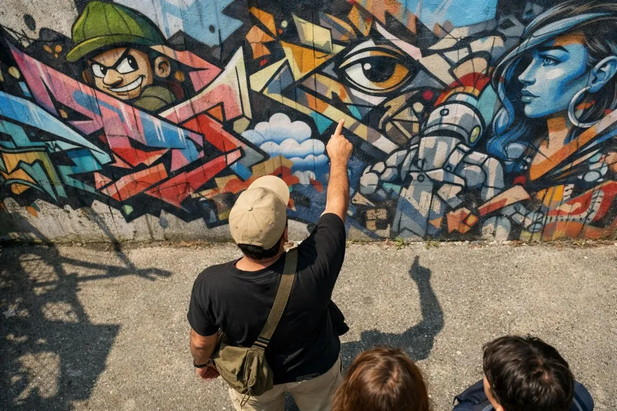 Murale d'art de rue colorée sur un mur de bâtiment dans le quartier de Marvila à Lisbonne, graffiti vibrant avec des motifs géométriques et des portraits, un guide local pointant l'œuvre d'art, la lumière du matin projetant des ombres sur la faç