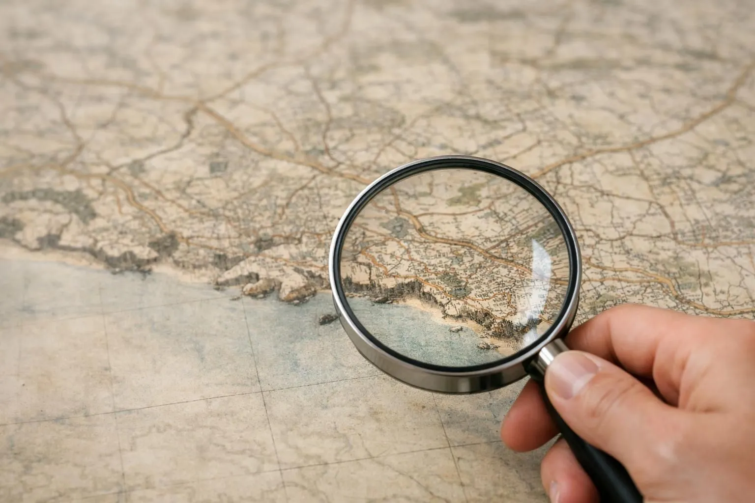 Carte d'Albufeira au Portugal avec loupe, illustrant les lieux à visiter gratuitement dans cette destination côtière de l'Algarve