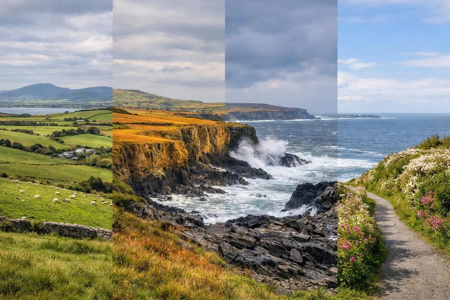 Paysage verdoyant des collines irlandaises près de Dublin sous un ciel nuageux typique de l'Irlande