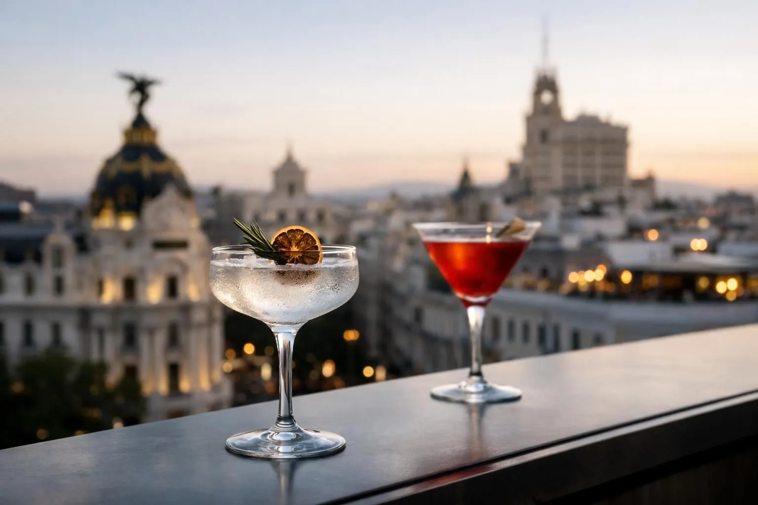 Vue panoramique d'un rooftop à Madrid au coucher du soleil avec terrasse et horizon urbain en arrière-plan