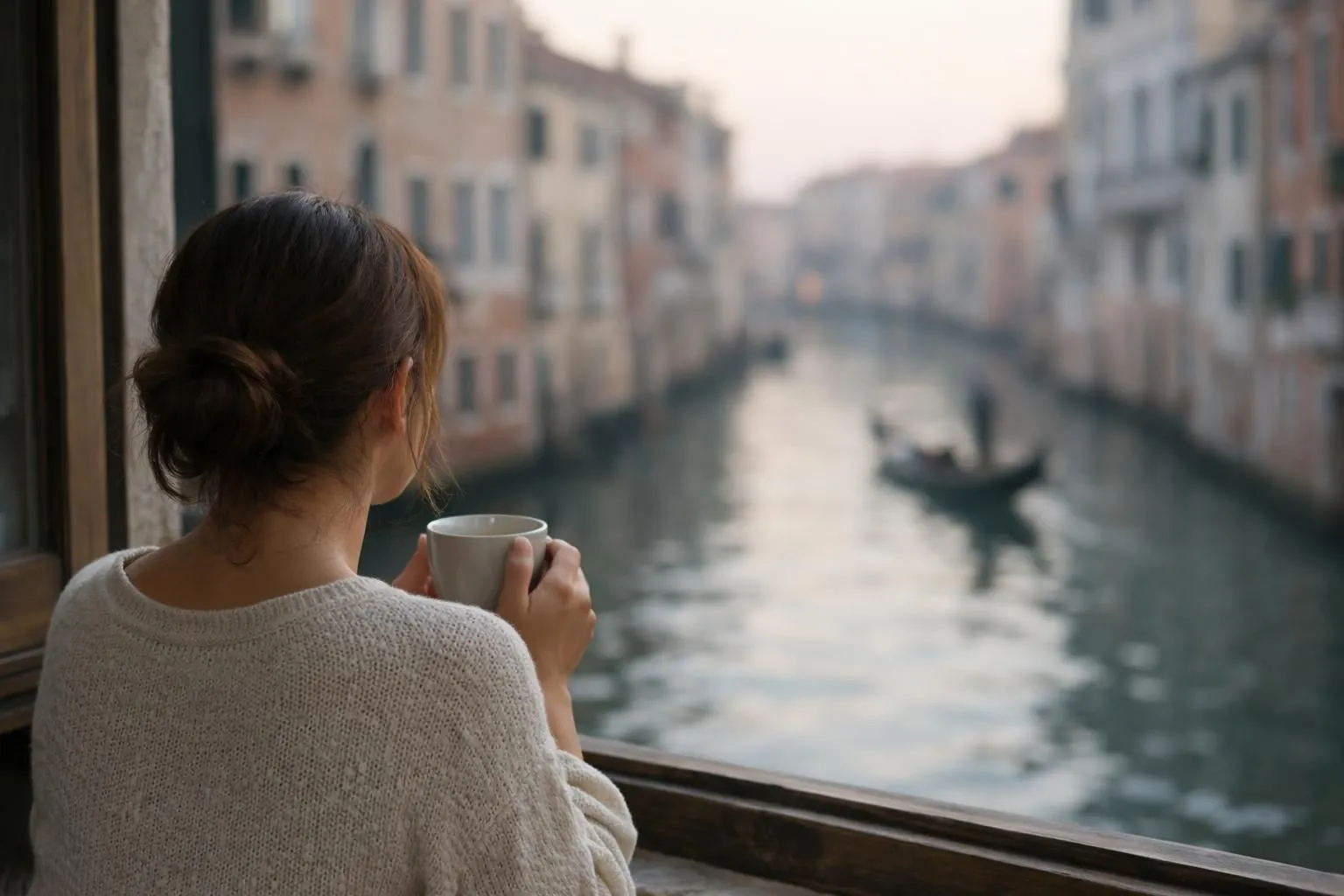 Femme à la fenêtre d'un hôtel à Venise admirant un canal calme en fin d'après-midi, incarnant une expérience sereine loin de la foule