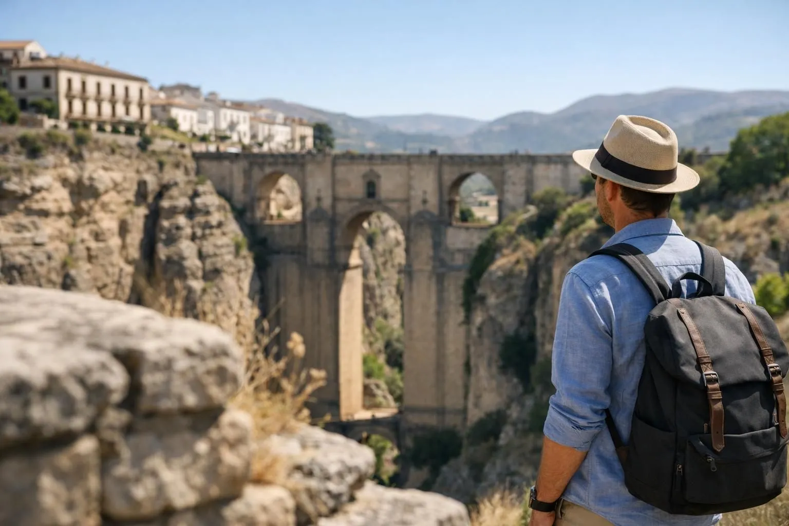 Vue panoramique sur les falaises spectaculaires et l'architecture blanche de Ronda, ville perchée emblématique de l'Andalousie en Espagne