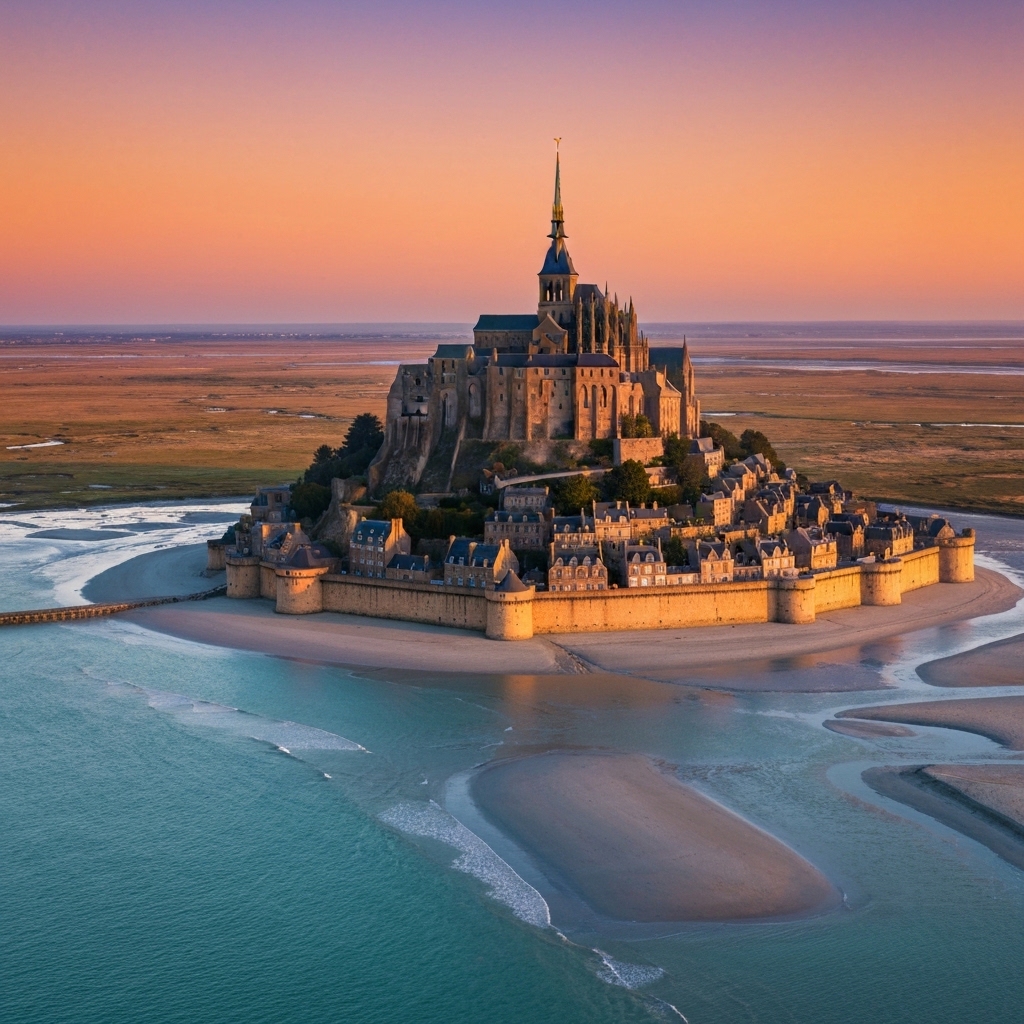 Vue panoramique du Mont Saint-Michel en France avec sa baie caractéristique, l'abbaye illuminée au sommet de l'îlot rocheux