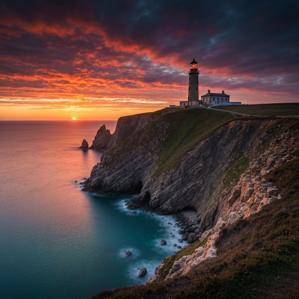 Phare blanc sur la côte rocheuse de Majorque au coucher de soleil, symbole emblématique de cette île espagnole méditerranéenne
