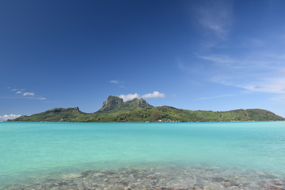 Lagon turquoise et plage de sable blanc en Polynésie française, avec cocotiers et ciel bleu dégagé en arrière-plan