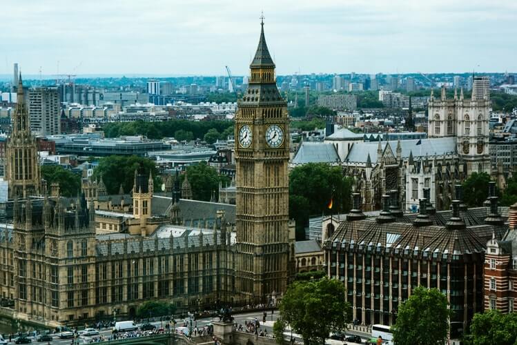 Vue panoramique de Londres avec ses monuments emblématiques sous un ciel dégagé, représentant les incontournables à découvrir en quelques jours