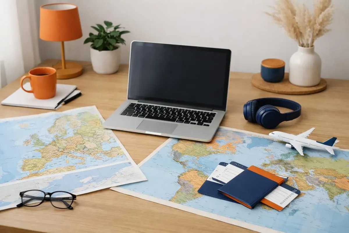 Voyageur souriant devant un ordinateur portable affichant des résultats de vols, avec une carte du Maroc dépliée sur le bureau à côté de billets d'avion et d'un passeport, dans une ambiance lumineuse de planification de voyage