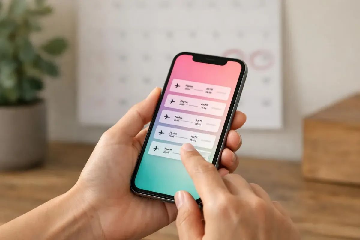 Un gros plan de mains tenant un smartphone affichant une application de comparaison de vols avec plusieurs options de vol Paris-Marrakech, un calendrier visible en arrière-plan avec des dates entourées, une lumière naturelle chaude suggérant une stratégie de planification et de timing.