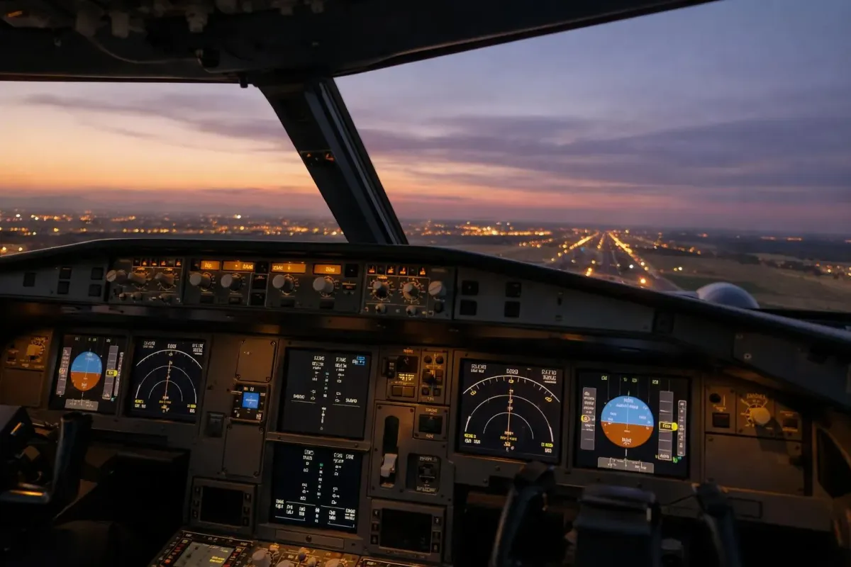 Vue en contre-plongée d'un avion de ligne moderne décollant au crépuscule avec des nuances orange et violettes dans le ciel, sans texte ni logo visible, évoquant le voyage entre Paris et Marrakech