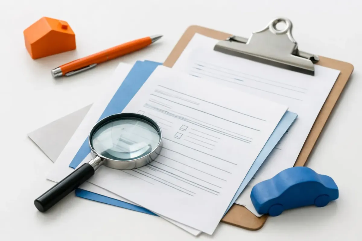 Fournitures de bureau, presse-papiers, loupe, crayon, papier, voiture jouet.