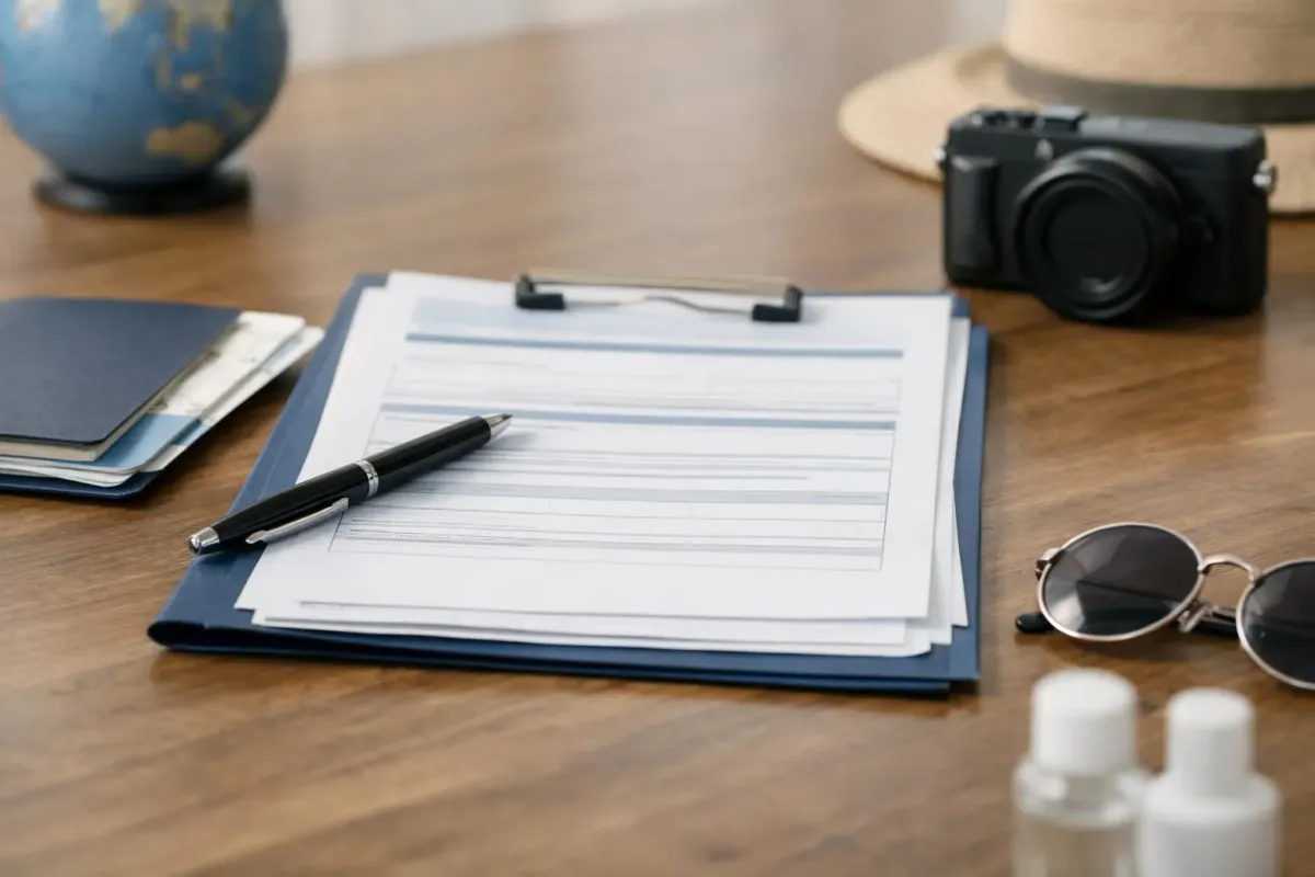 Un presse-papiers avec des feuilles vierges, un stylo, un appareil photo et d'autres fournitures de bureau.