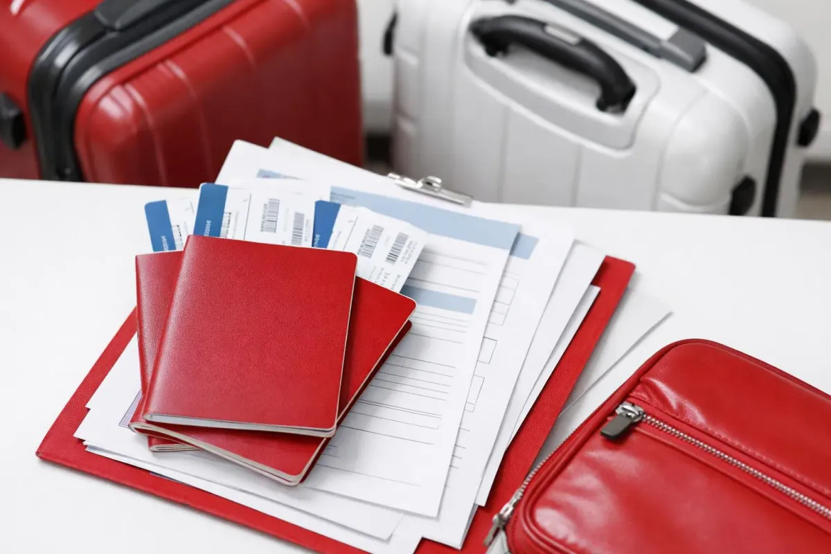 Valises rouges et blanches, passeports, cartes d'embarquement et documents de voyage.