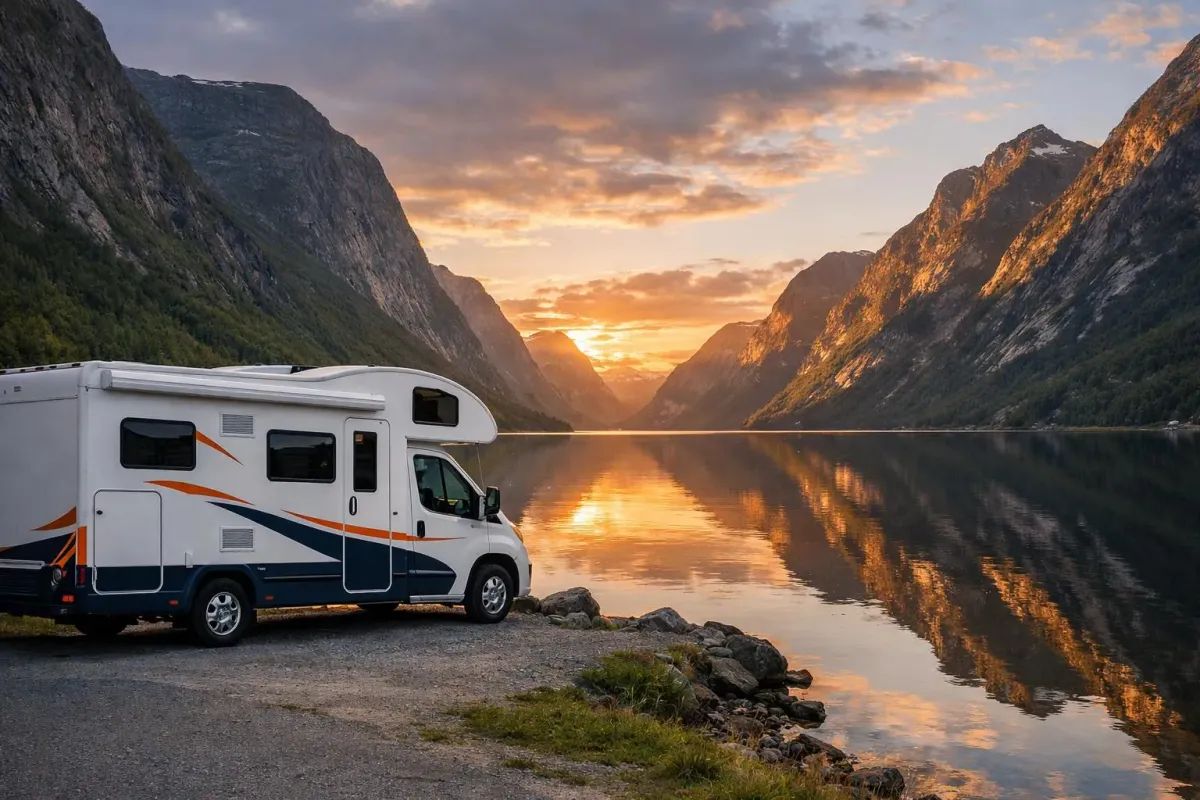 Un camping-car garé au bord d'un fjord norvégien au coucher du soleil, les montagnes escarpées se reflétant dans l'eau calme, un éclairage naturel dramatique sans texte ni panneau visible.