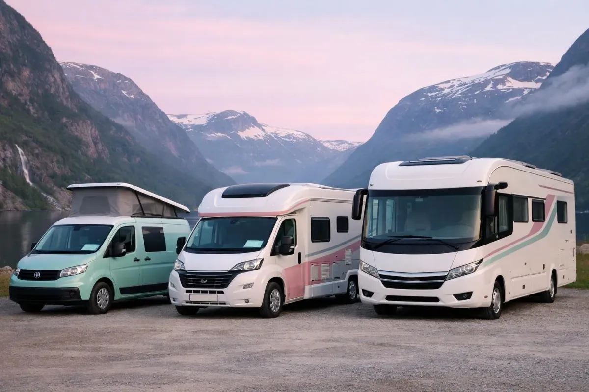 Comparaison rapprochée de trois modèles de camping-cars garés côte à côte dans un paysage norvégien, montrant un van compact, un fourgon aménagé de taille moyenne et un camping-car haut de gamme avec étiquettes de prix visibles sur les pare-brises, style de photographie