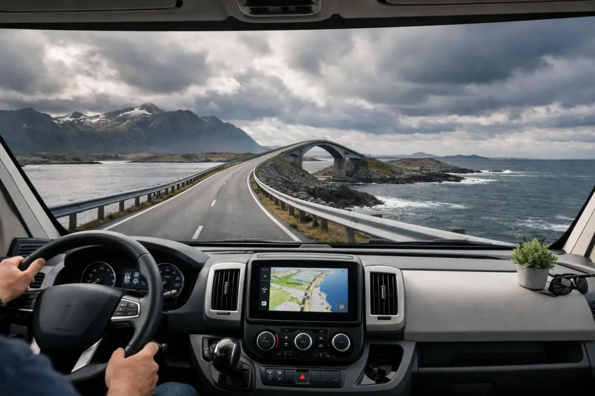 Camping-car moderne roulant sur la Route de l'Atlantique en Norvège, pont spectaculaire au-dessus de l'océan, montagnes côtières en arrière-plan, ciel dramatique nordique, paysage côtier authentique