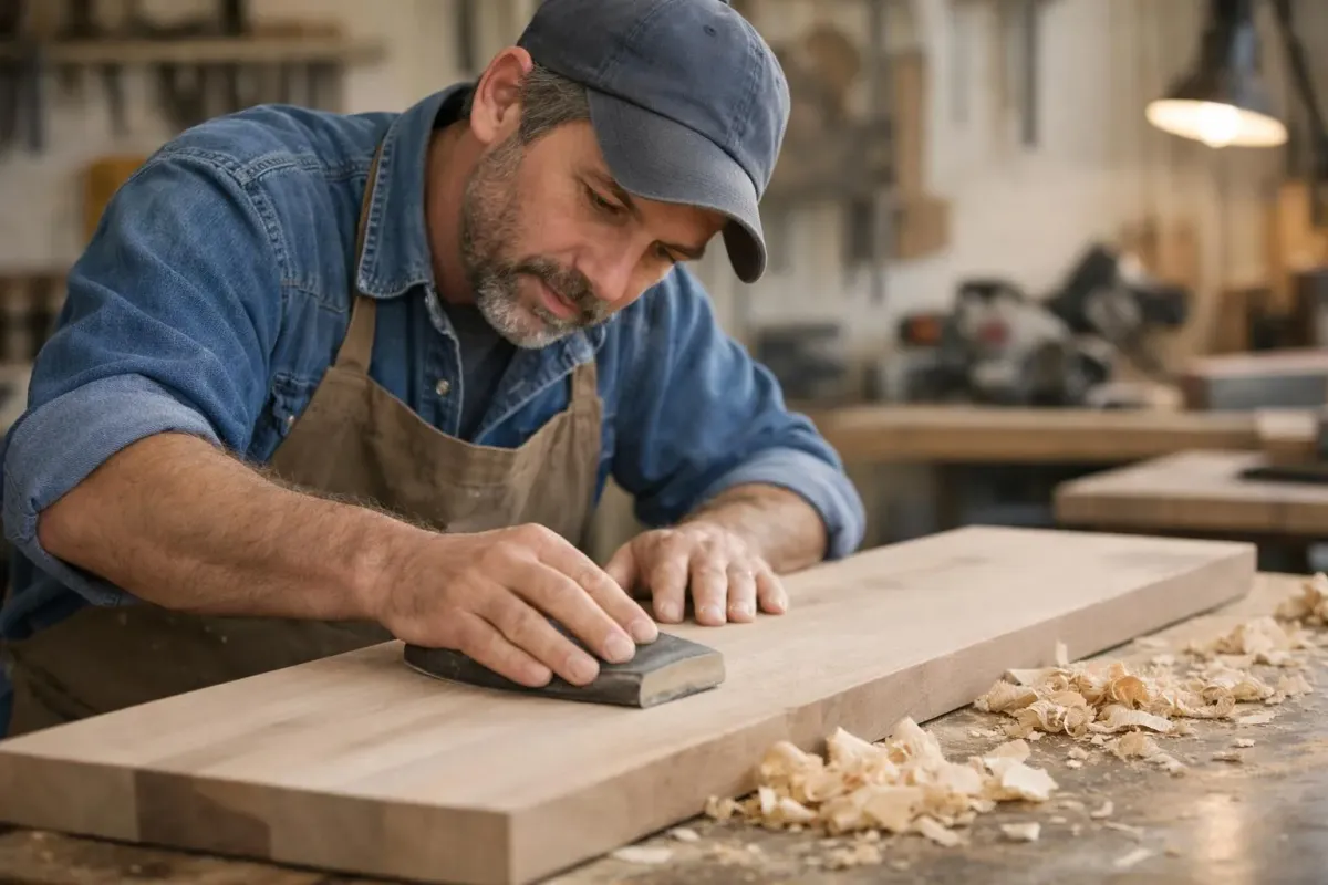 Un charpentier qualifié ponce une planche de bois dans son atelier, l'air concentré.