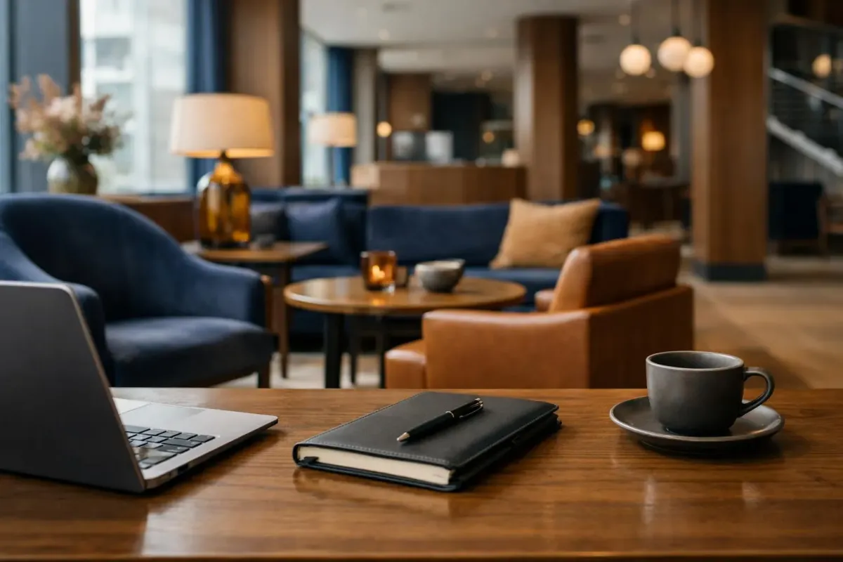 Coin salon douillet avec ordinateur portable, cahier et tasse de café.
