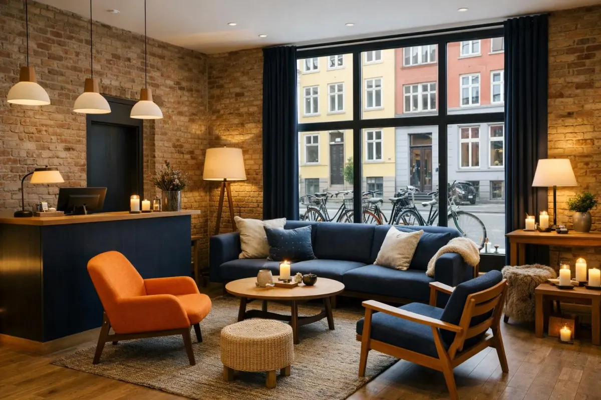 Un lobby d'hôtel boutique douillet à Copenhague, avec des meubles de design danois, un éclairage chaleureux, des murs de briques apparentes et une ambiance hygge avec des bougies et des détails en bois.