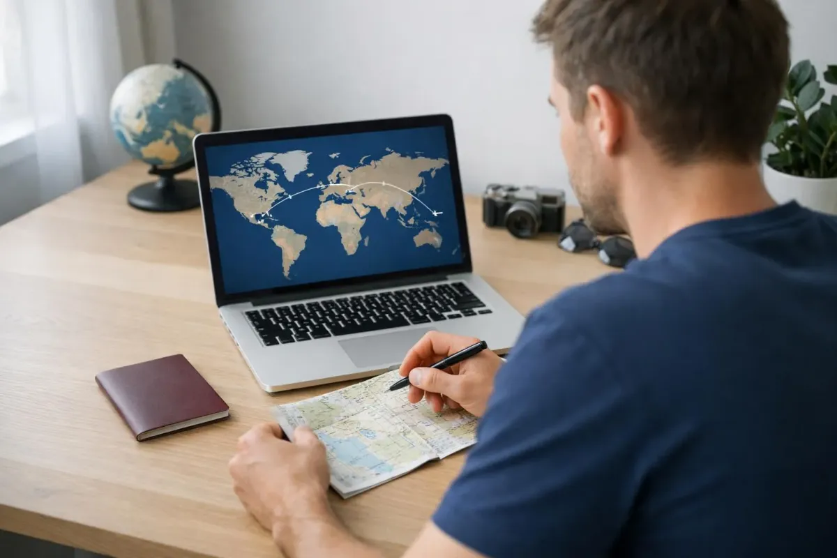 Voyageur assis à un bureau moderne planifiant un voyage avec un ordinateur portable affichant une carte du monde avec plusieurs épingles de destination reliées par des itinéraires de vol, un passeport et une tasse de café à proximité, éclairage naturel lumineux à travers la fenêtre.