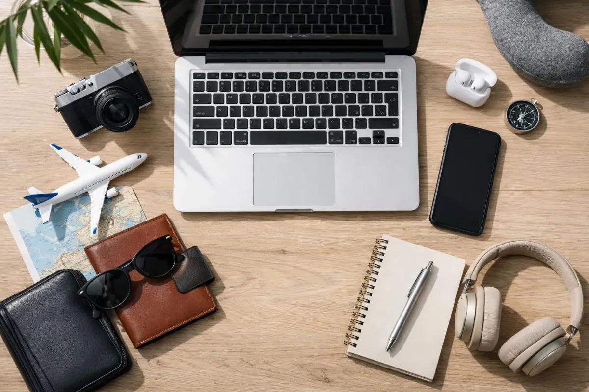 Un ordinateur portable, un appareil photo, des lunettes de soleil, un cahier, des écouteurs, un smartphone et des accessoires de voyage sur un bureau en bois.