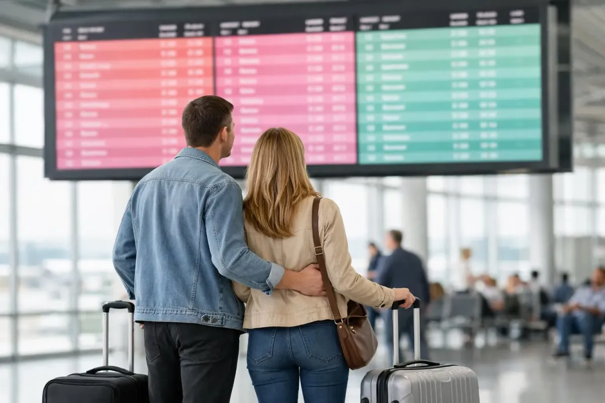 Couple souriant vérifiant les écrans d'embarquement dans un terminal d'aéroport européen moderne, avec bagages à roulettes, sous la lumière naturelle éclatante des grandes fenêtres, affichant plusieurs destinations comme Rome, Barcelone et Amsterdam.