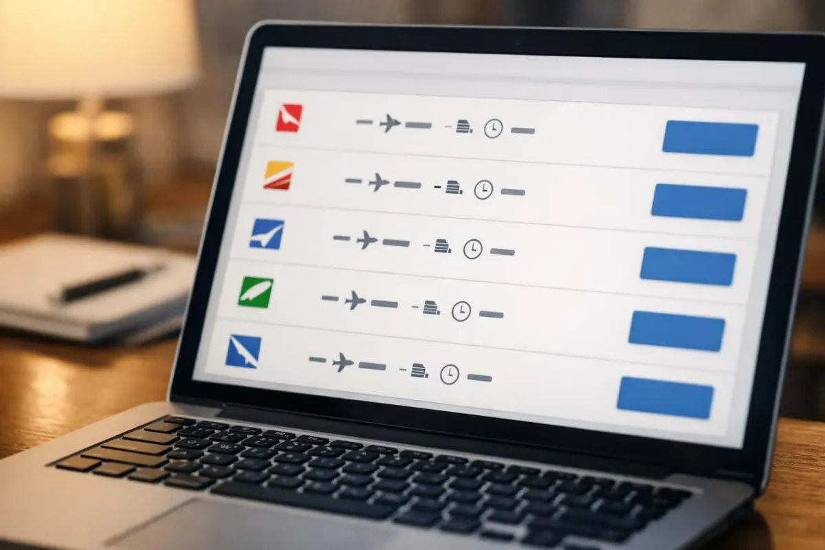 Tableau de bord numérique de comparaison de vols affichant plusieurs itinéraires de destination avec comparaisons de prix et logos de compagnies aériennes sur un écran d'ordinateur portable, vu du point de vue du voyageur.
