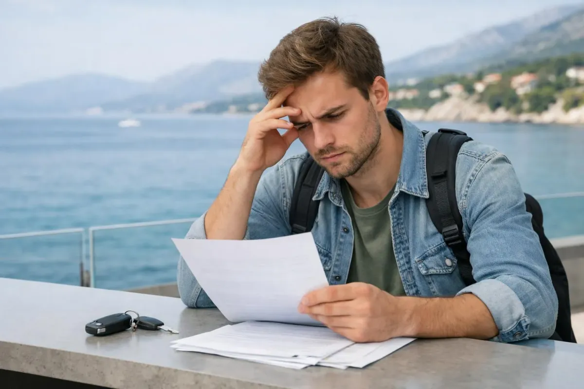 Un voyageur examine attentivement un contrat de location de voiture dans une agence croate au bord de la mer Adriatique, avec les clés et les documents visibles sur le comptoir.