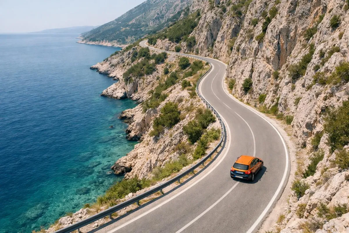Une voiture de location sur une route côtière sinueuse de l'Adriatique croate, la mer turquoise d'un côté et des falaises abruptes de l'autre, des virages pittoresques longeant le littoral, sous la lumière estivale, style photo réaliste.