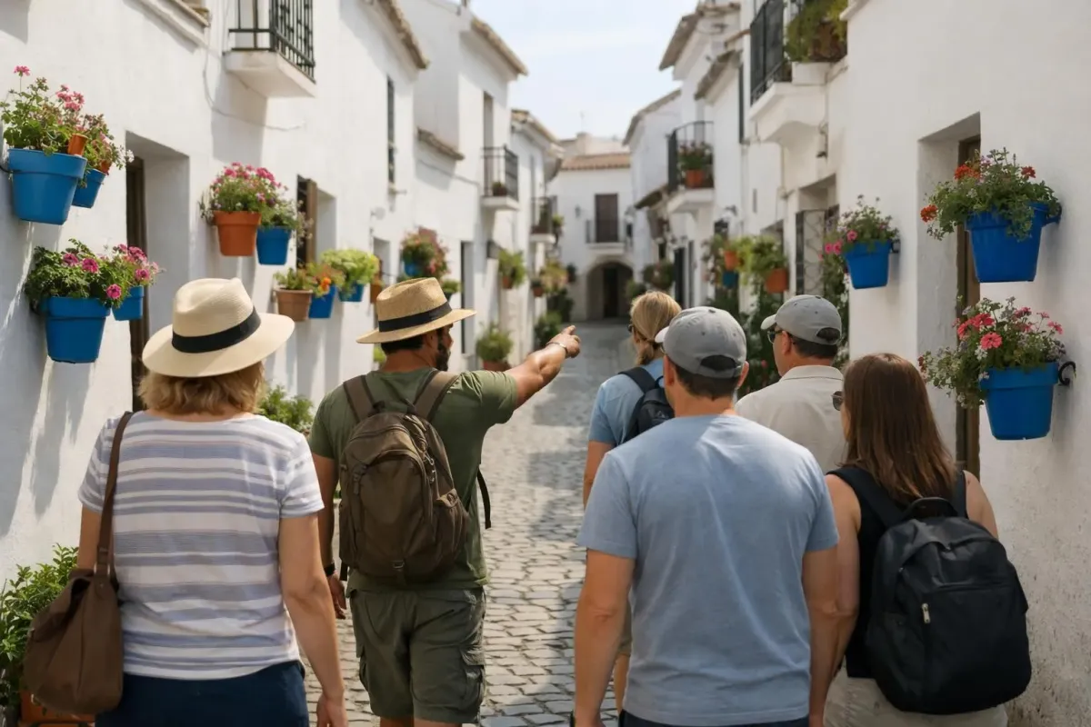 Petit groupe de voyageurs suivant un guide local francophone dans une ruelle pavée étroite d'un village espagnol authentique, maisons blanches traditionnelles avec jardinières fleuries, atmosphère intime reflétant l'immersion culturelle et la connexion personnelle, éclairage naturel à l'heure dorée