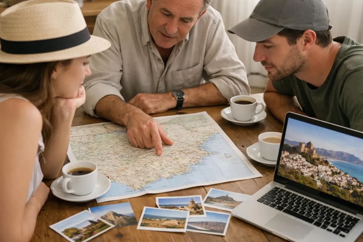 Consultation de planification de voyage montrant un expert local espagnol et des voyageurs examinant une carte physique de l'Espagne sur une table en bois, des photos de destinations colorées éparpillées, un ordinateur portable affichant des paysages espagnols, des notes d'itinéraire manuscrites, des tasses