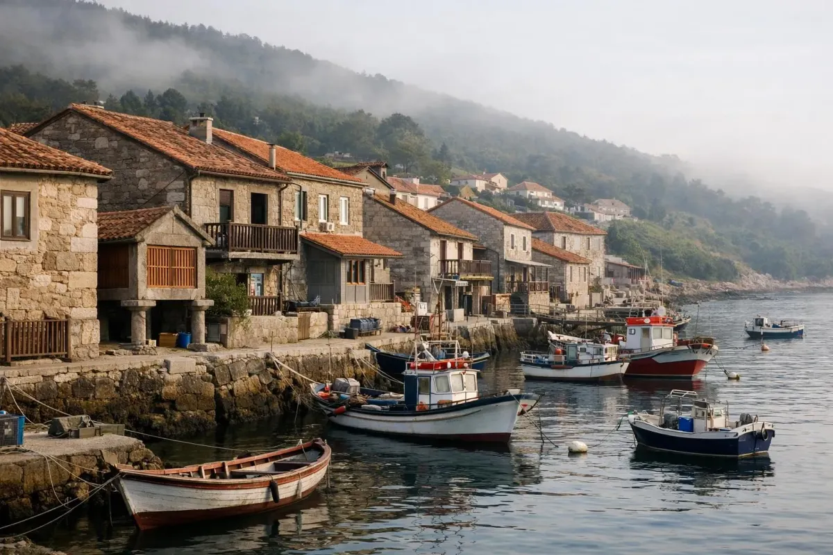 Un village de pêche côtier en Galice, Espagne, avec des maisons en pierre traditionnelles, des bateaux de pêche dans un port calme, des collines verdoyantes en arrière-plan, une brume matinale, une atmosphère rurale authentique, sans texte ni panneau visible.