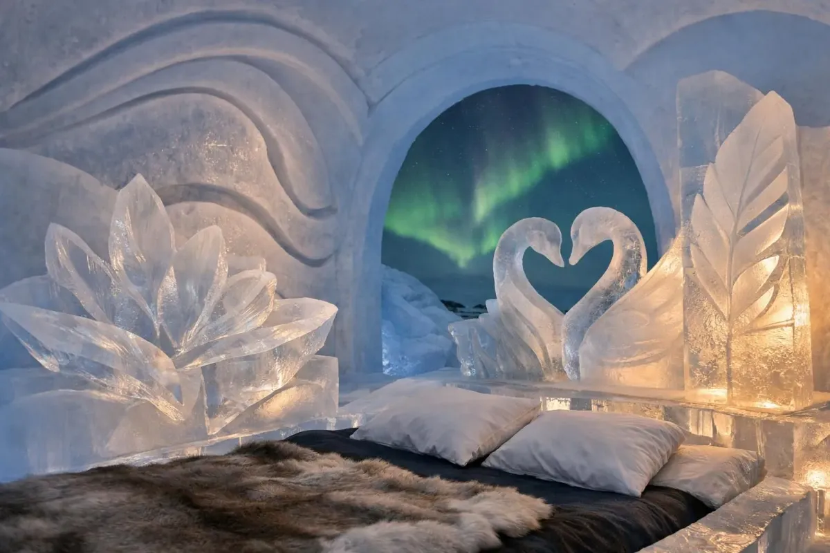 Une salle glacée et illuminée, ornée de sculptures de glace et de l'aurore boréale.