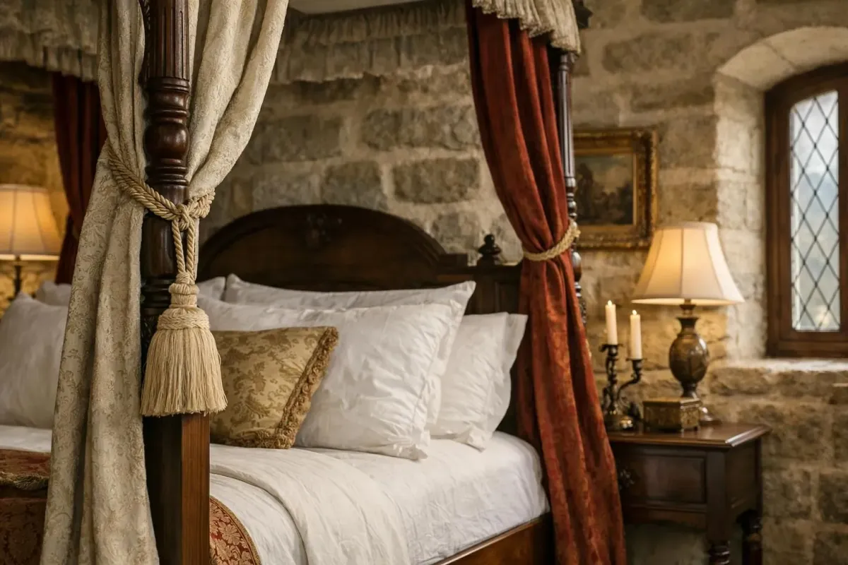Chambre de style antique ornée avec un lit en bois, des rideaux et des lampes.