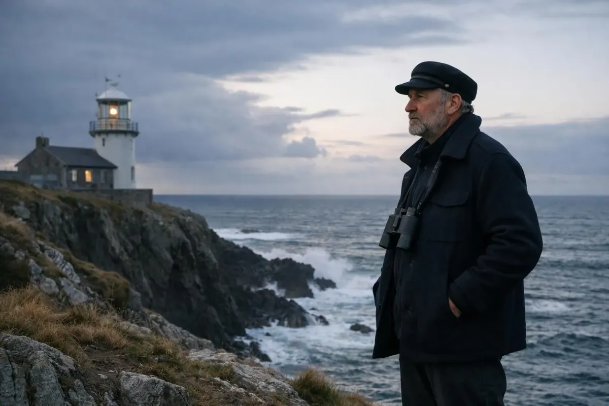 Un homme âgé contemple un phare sur une côte rocheuse.