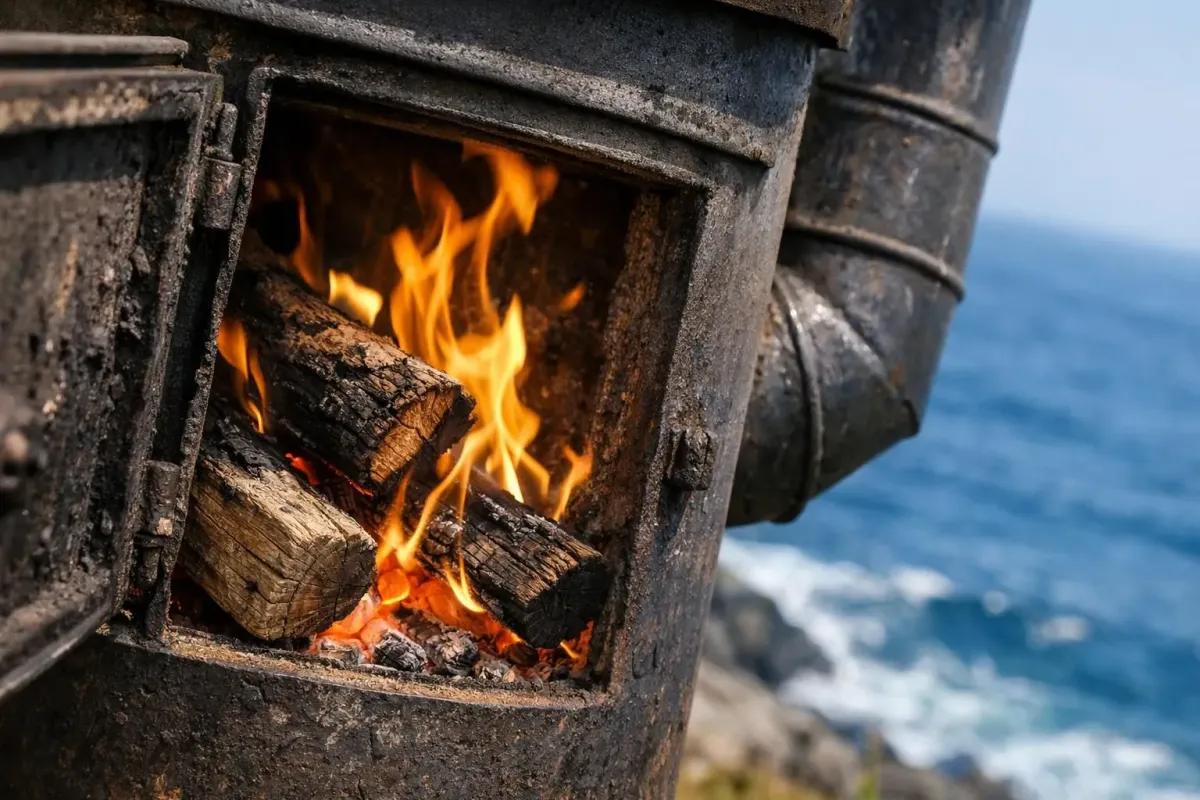 Burning fireplace overlooking a serene ocean landscape.