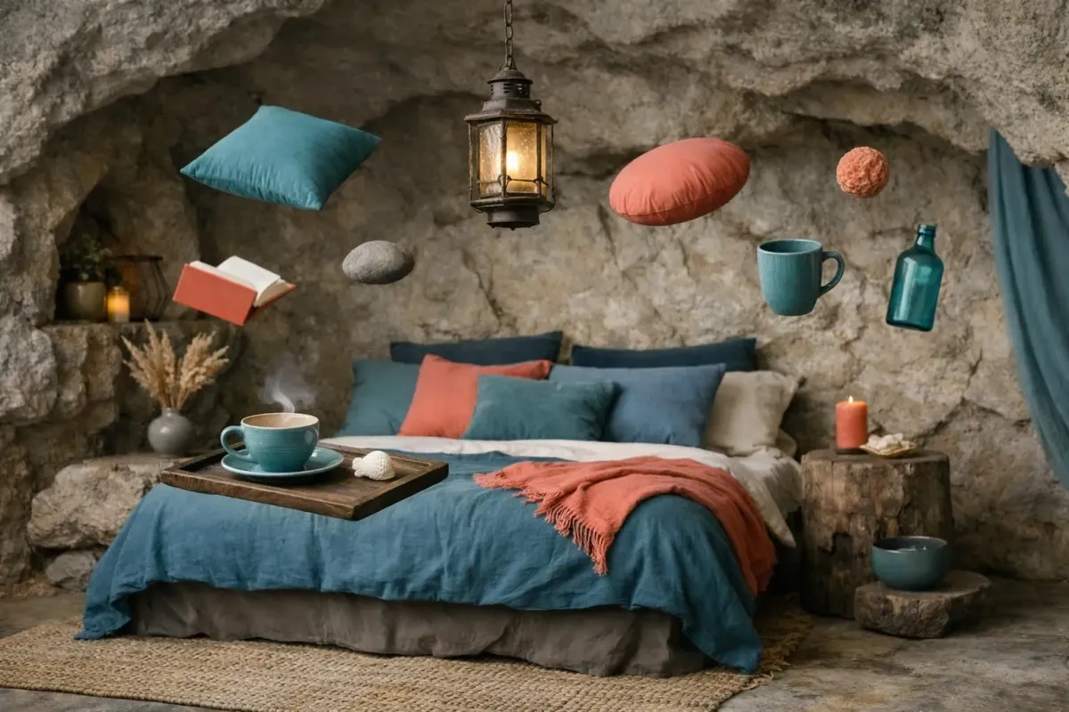 Une alcôve de chambre douillette aux murs en pierre texturés, avec un éclairage chaleureux et une literie moelleuse.