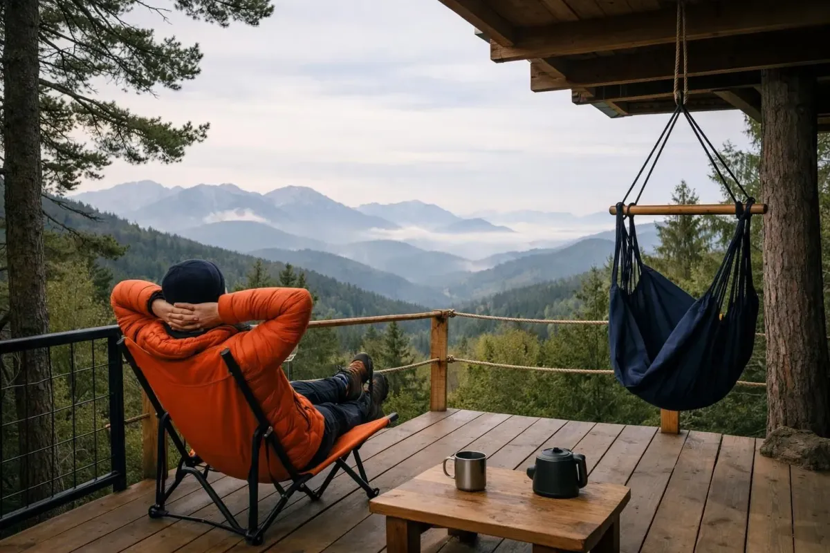Voyageur se relaxant sur la terrasse d'une cabane dans les arbres en forêt européenne au lever du soleil, vue panoramique sur les montagnes brumeuses, ambiance paisible et inspirante sans aucun texte