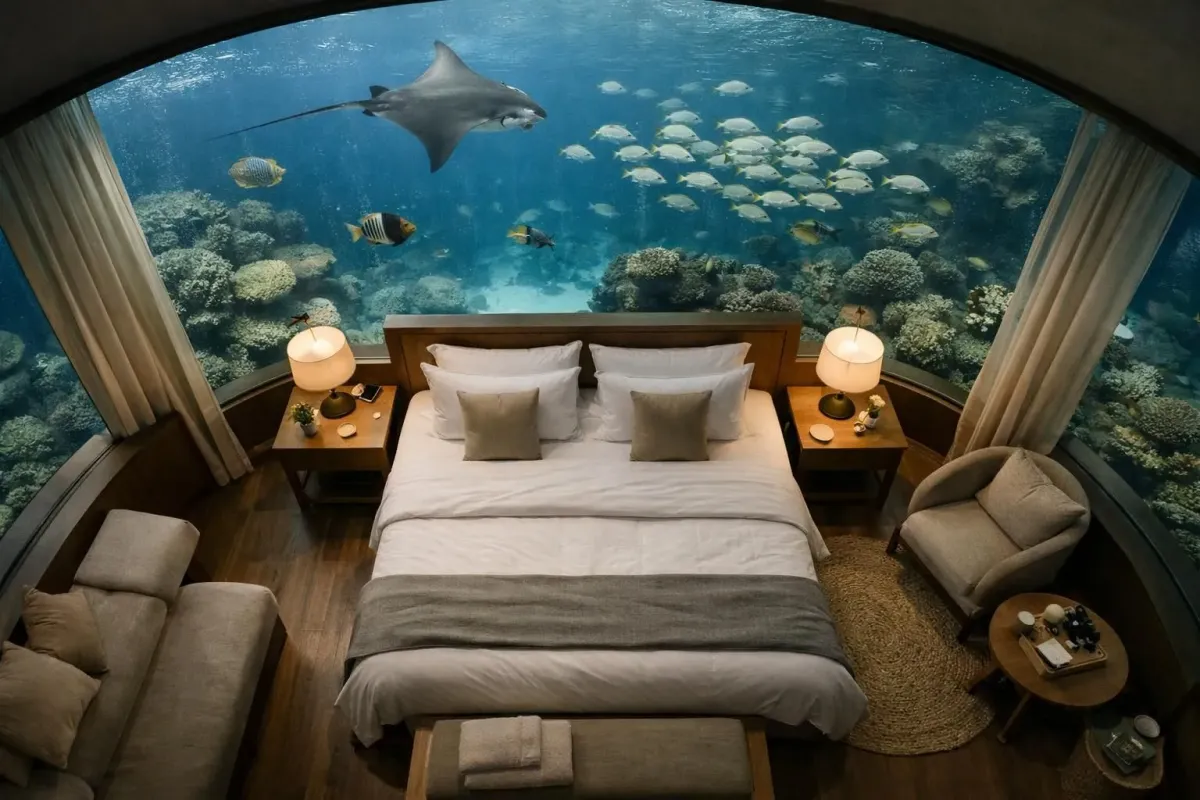 Une chambre d'hôtel sous-marine avec un récif corallien et une faune marine.